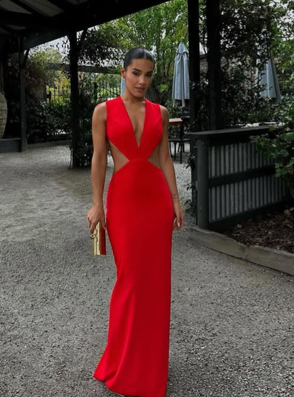 Sexy Sheath V Neck Red Satin Open Back Long Prom Dress Evening Dress DP1320