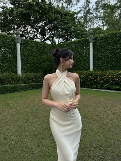 Elegant Mermaid Halter White Satin Open Back Prom Dress 16th Birthday Dress Long Sweep DP3972