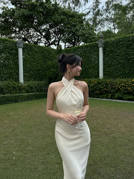 Elegant Mermaid Halter White Satin Open Back Prom Dress 16th Birthday Dress Long Sweep DP3972