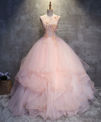 Pink Round Neck Appliques Tulle Lace Long Prom Dress Ball Gown DP1153