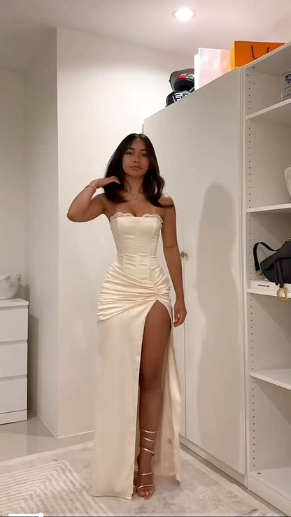 Ivory A Line Strapless Pleated Satin Long Prom Dress Evening Dress with Slit DP2831