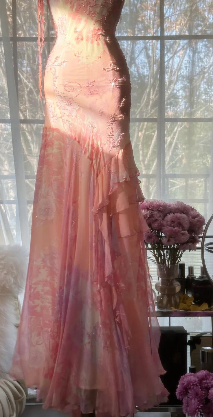 Fairytale Pink Mermaid Spaghetti Strap Beaded Ruffle Chiffon Prom Dress DP2259