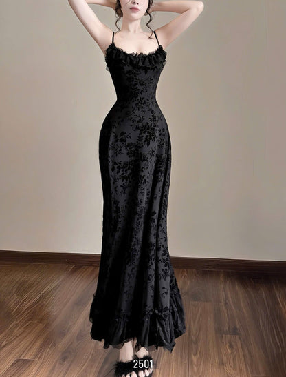 Pretty A Line Spaghetti Strap Black Print Satin Long Prom Dress Evening Dress DP6891