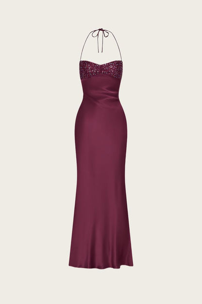Sexy Sheath Halter Beaded Satin Long Prom Dress Evening Dress DP4731