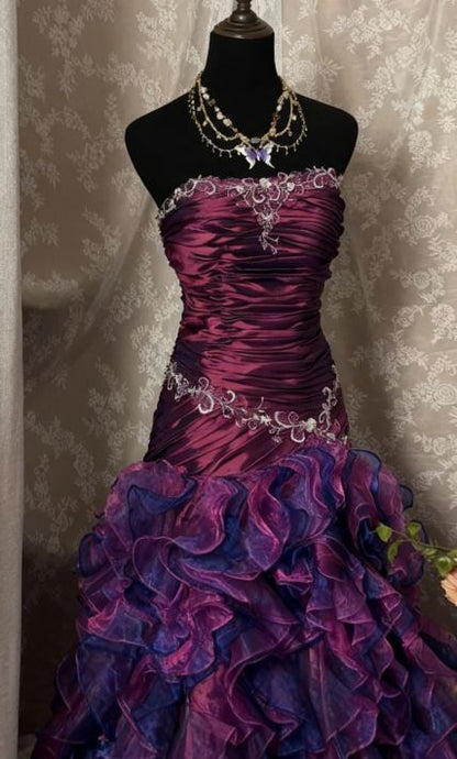 Vintage Ball Gown Strapless Beaded Ruffle Organza Satin Long Prom Dress Evening Dress DP4733