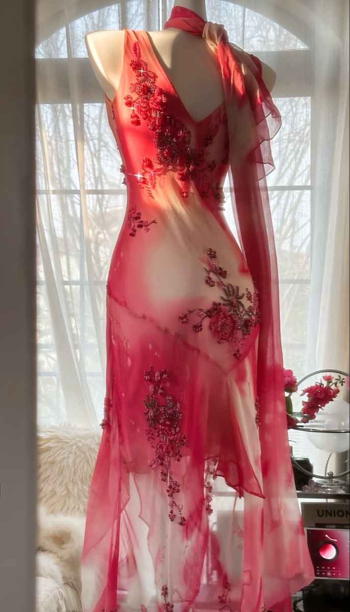 Gentle Mermaid V Neck Beaded Red Chiffon Prom Dress Evening Dress DP2068