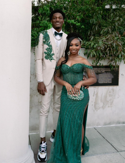 Dark Green Sexy High Slit Beaded Sequin Organza Long Sweep Prom Dress DP5055