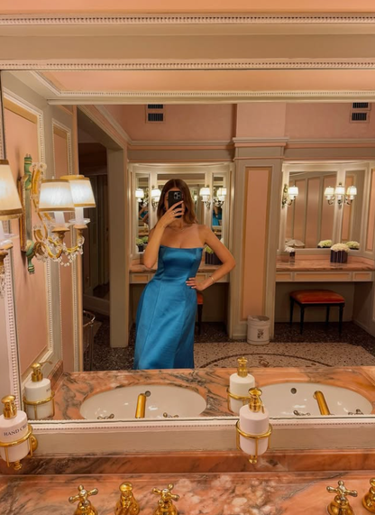 Dodger Blue Elegant A Line Strapless Chiffon Satin Long Prom Dress Evening Dress DP3303