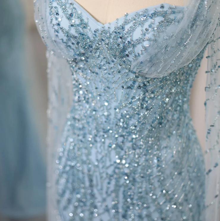 Blue Luxury Mermaid Beads Sequins Tulle Evening Dresses with Cape Sleeves DP1403