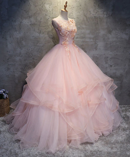 Pink Round Neck Appliques Tulle Lace Long Prom Dress Ball Gown DP1153