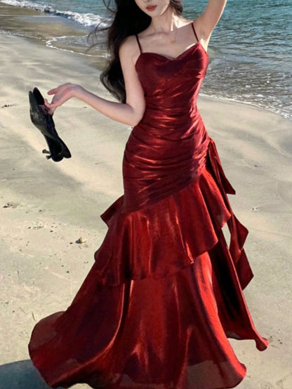 Burgundy Mermaid Spaghetti Straps Layered Satin Long Prom Dress Evening Dress DP2789