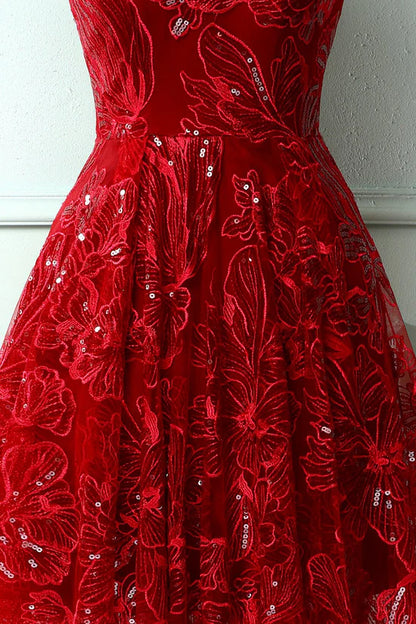 Burgundy V Neck High Low Sequins Lace Prom Dress Evening Dress DP1314
