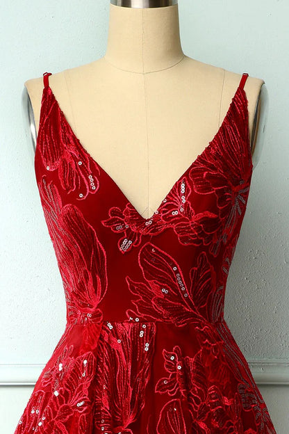 Burgundy V Neck High Low Sequins Lace Prom Dress Evening Dress DP1314