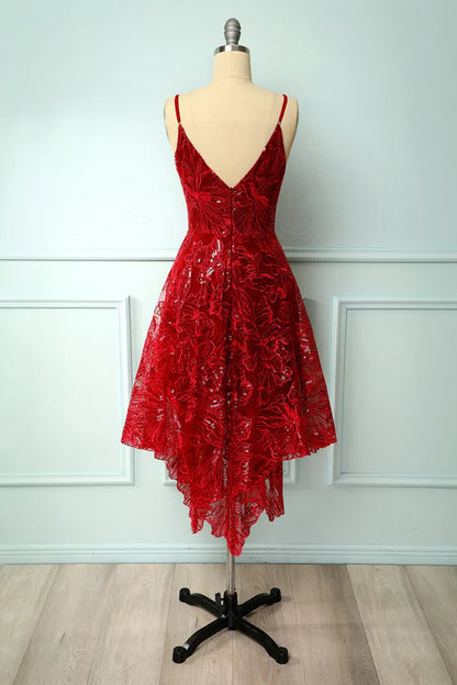 Burgundy V Neck High Low Sequins Lace Prom Dress Evening Dress DP1314