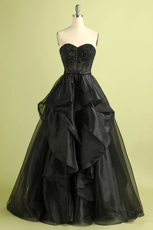 Black A Line Sweetheart Neck Beads Sequins Organza Long Prom Dress Evening Dress DP1457