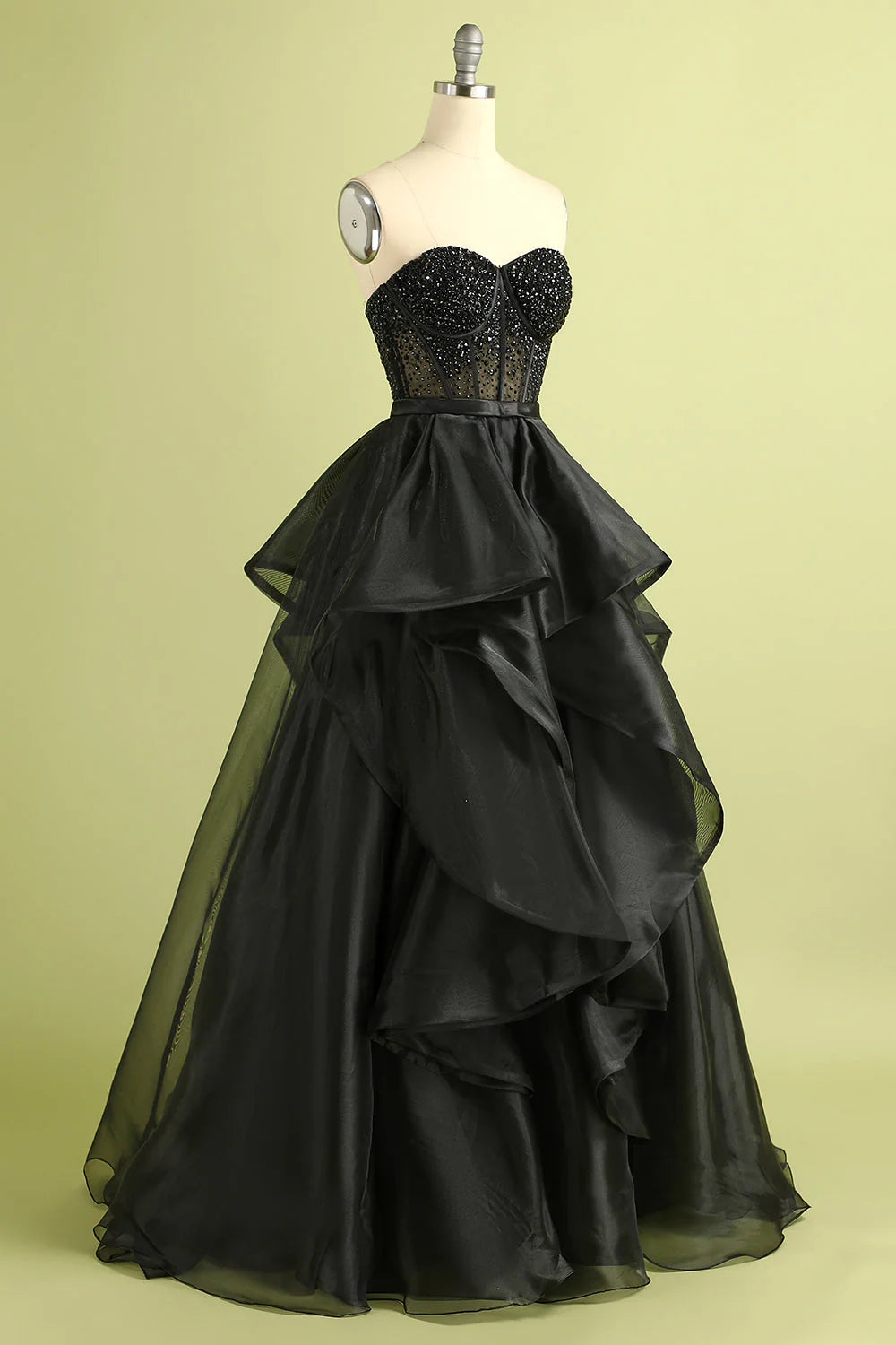 Black A Line Sweetheart Neck Beads Sequins Organza Long Prom Dress Evening Dress DP1457