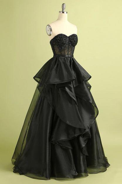 Black A Line Sweetheart Neck Beads Sequins Organza Long Prom Dress Evening Dress DP1457