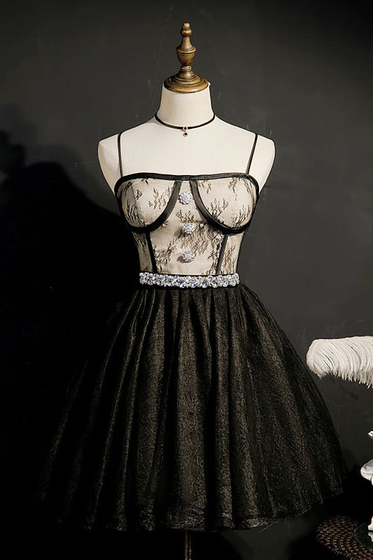 A Line Spaghetti Straps Lace Black Satin Short Homecoming Dresses DP1359