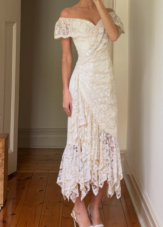 Vintage Sheath Off the Shoulder Ivory Lace Prom Dress Wedding Dress DP7701