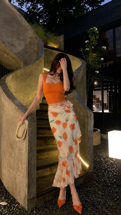 Orange Two Piece Mermaid Straps Printed Chiffon Prom Dress Date Dress DP7023
