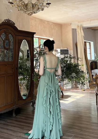 Summer Green A Line Straps Ruffle Chiffon Prom Dress Evening Dress DP5430