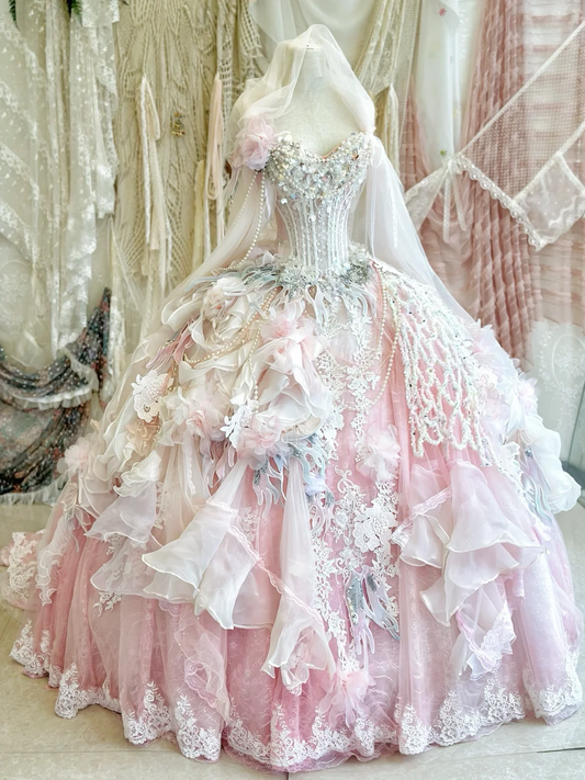 Stunning Ball Gown Strapless Pearl Beaded Pink Organza Prom Dress 16th Birthday Dress DP3841