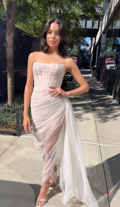 Stunning Mermaid Strapless Beaded Pearl Corset Tulle Satin Long Wedding Dress DP4308