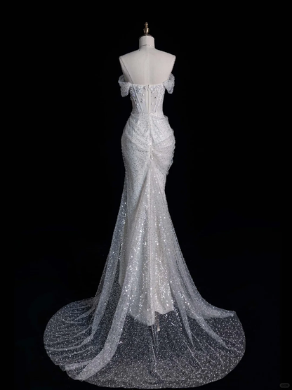 Shiny Mermaid Off the Shoulder Sequin Flower Rhinestone White Tulle Long Evening Dress Party Dress DP2298