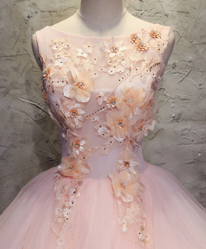 Pink Round Neck Appliques Tulle Lace Long Prom Dress Ball Gown DP1153