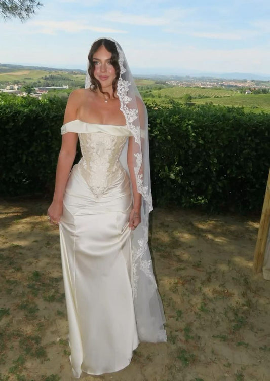 Ivory Gentle Sheath Off the Shoulder Embroidery Satin Wedding Dress DP3276