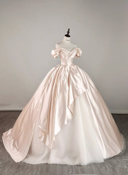 Princess Light Pink Ball Gown Off the Shoulder Pleated Tulle Satin 16th Birthday Dress Wedding Dress DP3603