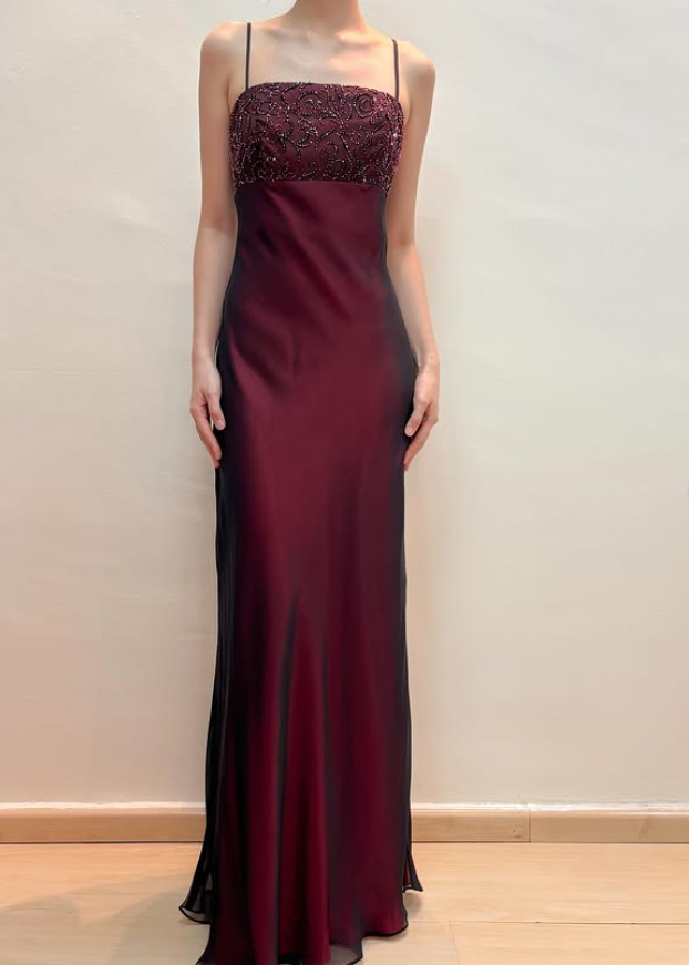 Vintage Sheath Straps Black Chiffon Burgundy Satin Prom Dress Evening Dress Date Dress DP5287