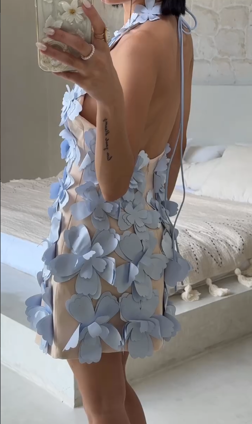 White Sheath V Neck 3D Flower Satin Open Back Evening Dress Outfits DP1419