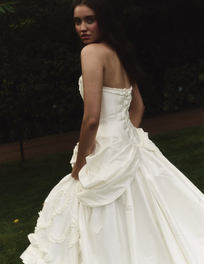 Stunning Ball Gown Strapless Corset White Satin Long Train Wedding Dress DP5827