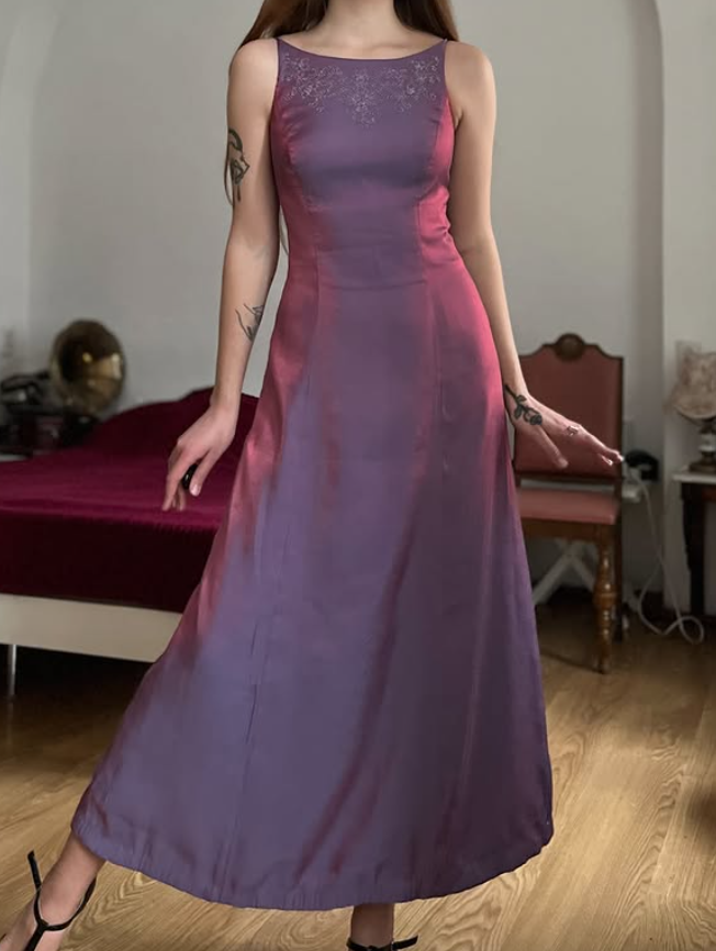Vintage A Line Exquisite Beaded Purple Satin Prom Dress Evening Dress Date Dress DP5707