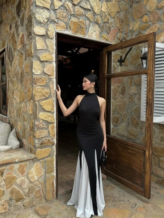 Stunning Mermaid Halter White Chiffon Black Satin Prom Dress 16th Birthday Dress DP3975