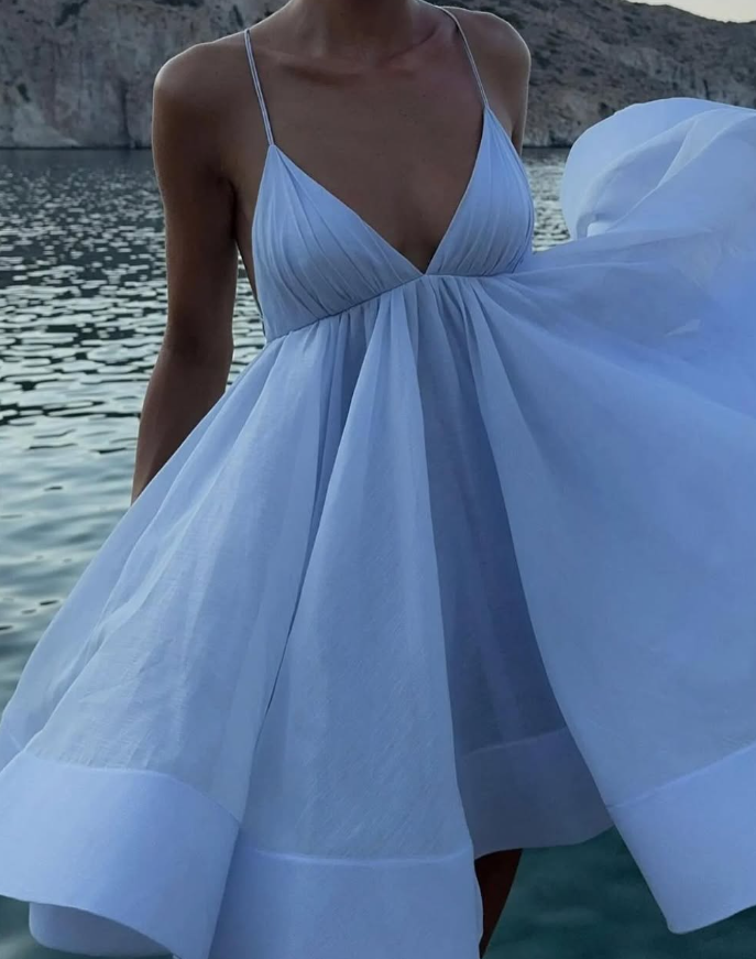Cute A Line Spaghetti Strap Baby Blue Satin Short Homecoming Dress Birthday Dress DP1850