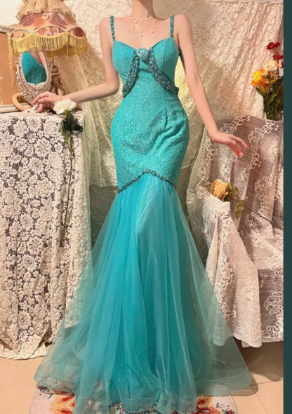 Vintage Mermaid Spaghetti Strap Beaded Blue Lace Tulle Prom Dress Wedding Guest Dress DP4278