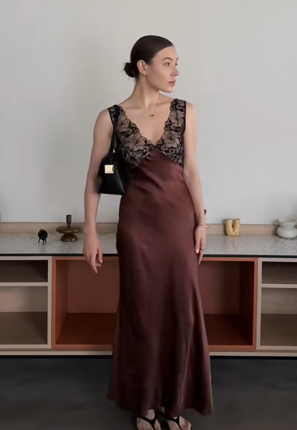 Brown Sheath V Neck Black Lace Satin Prom Dress Date Dress DP4797