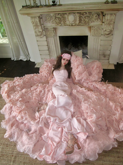 Unique Mermaid Straps Pink Satin Flower Tulle Party Dress Evening Dress DP2548