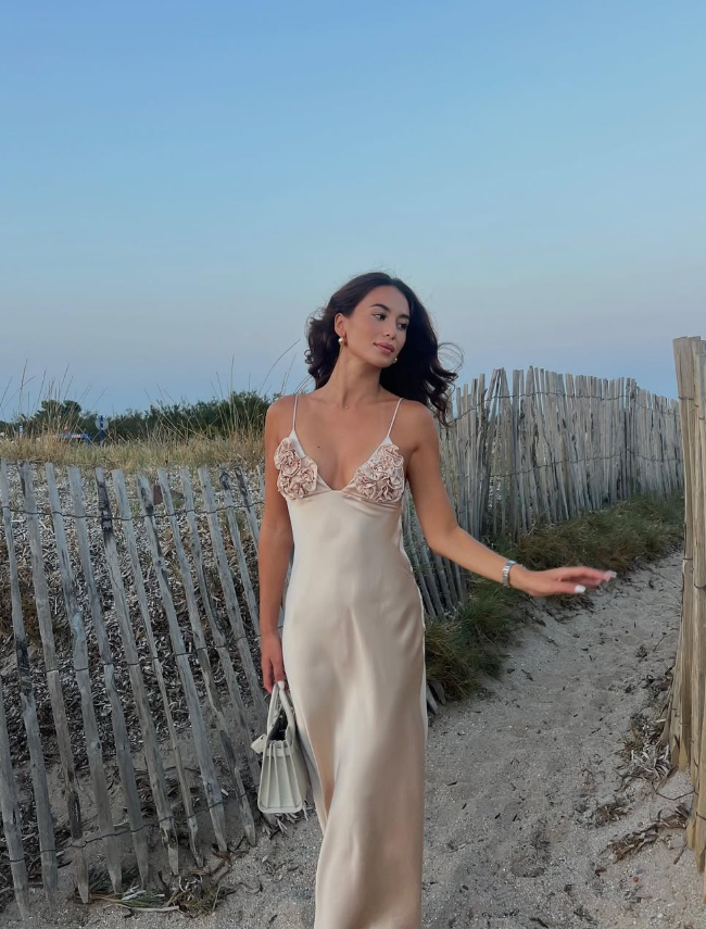 Simple A Line Spaghetti Straps Floral Satin Prom Dress Outfits DP4464