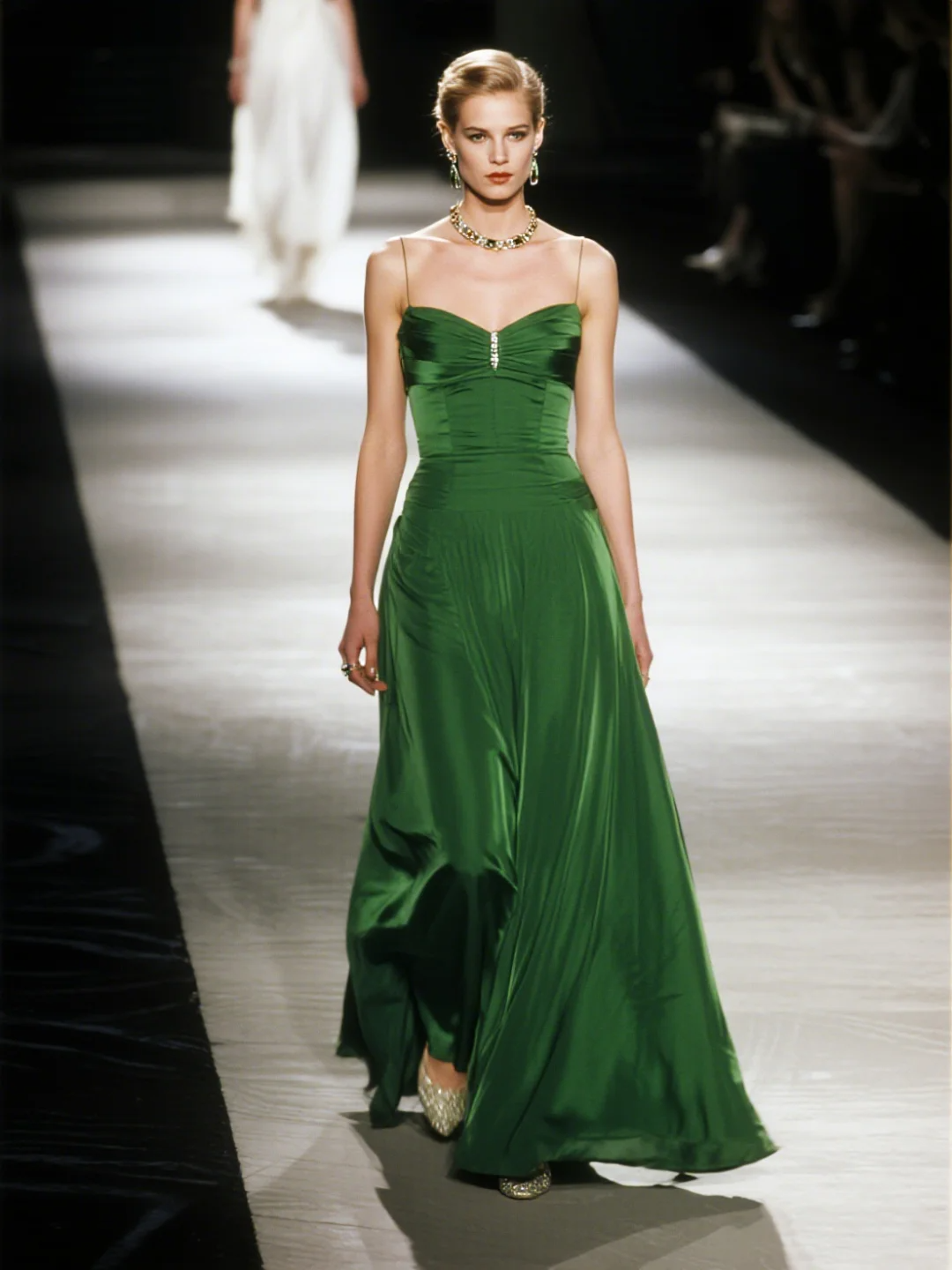 Elegant A Line Spaghetti Straps Emerald Satin Long Prom Dress Evening Dress DP4907