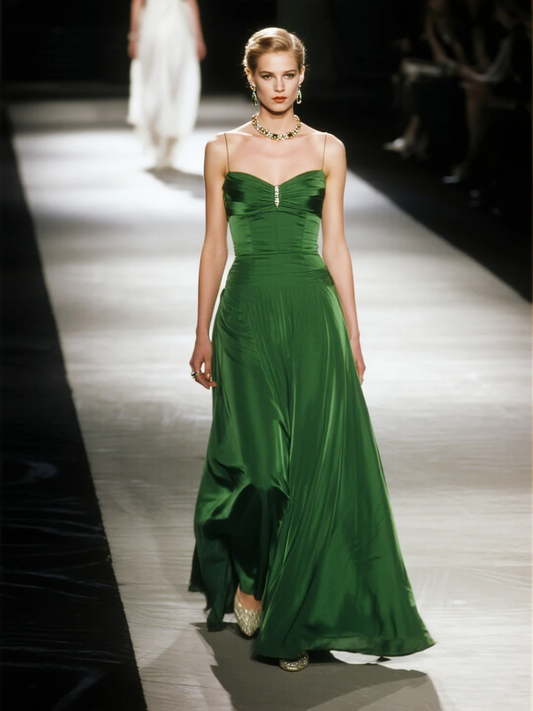 Elegant A Line Spaghetti Straps Emerald Satin Long Prom Dress Evening Dress DP4907