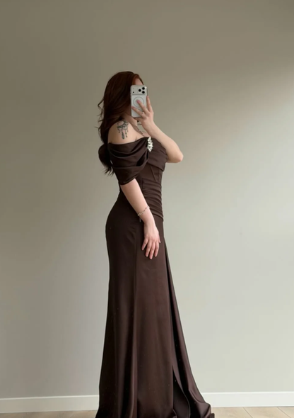 Elegant Brown A Line Off the Shoulder Satin Prom Dress Date Dress DP5090