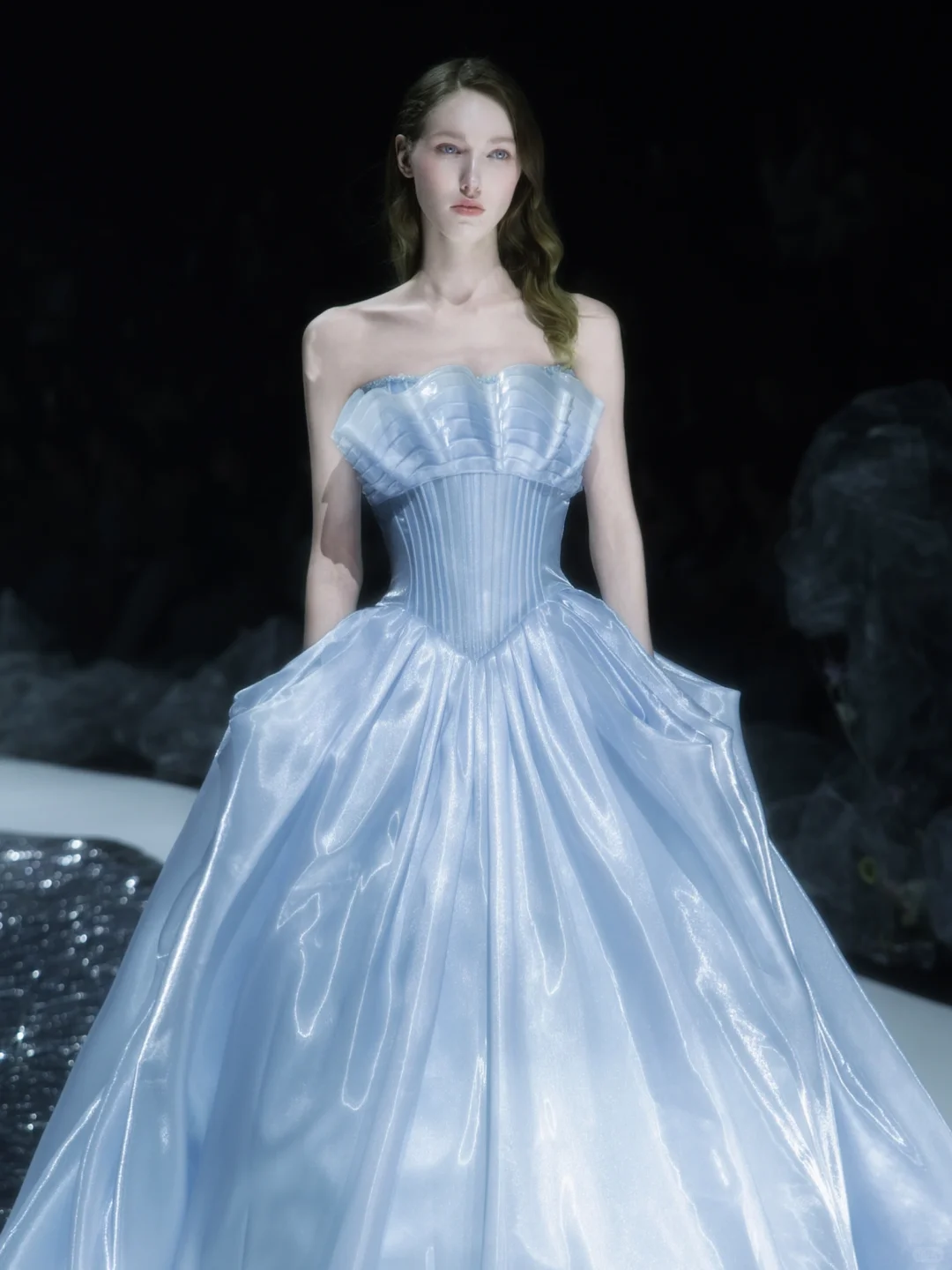 Baby Blue A Line Strapless Pleated Satin Long Prom Dress DP2837