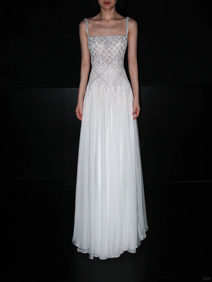 Shiny Exquisite Beaded Sequin A Line Straps White Chiffon Long Wedding Dress DP6379