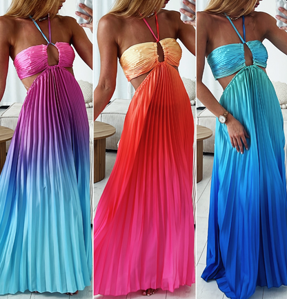 Blue Green Ombre A Line Strapless Pleated Satin Long Prom Dress Vacation Dress DP3940
