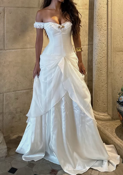 Vintage Ball Gown Off the Shoulder Chiffon Satin Prom Dress Wedding Dress DP3995