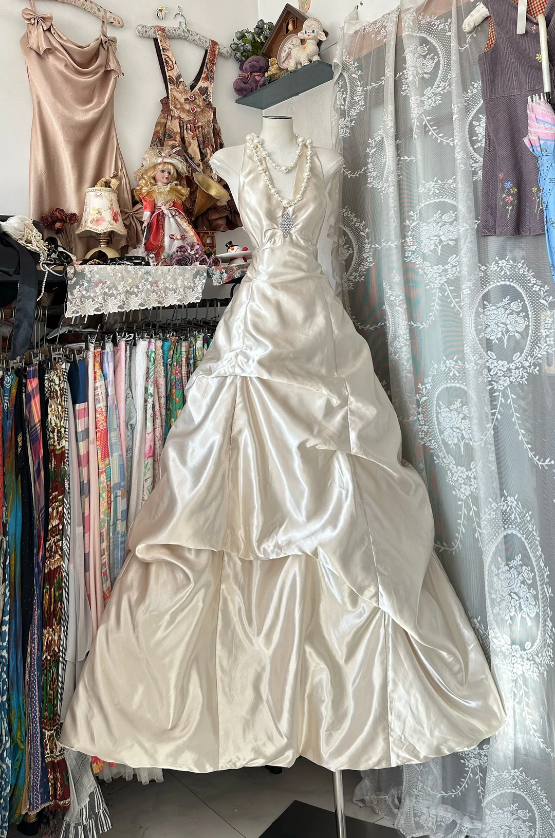 Ivory A Line Halter Beaded Satin Open Back Prom Dress Evening Dress DP5621