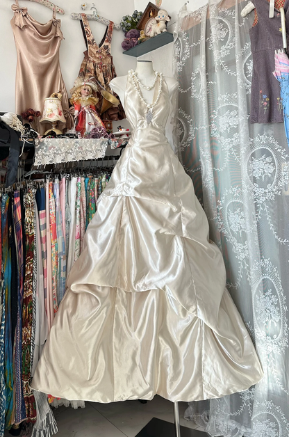 Ivory A Line Halter Beaded Satin Open Back Prom Dress Evening Dress DP5621